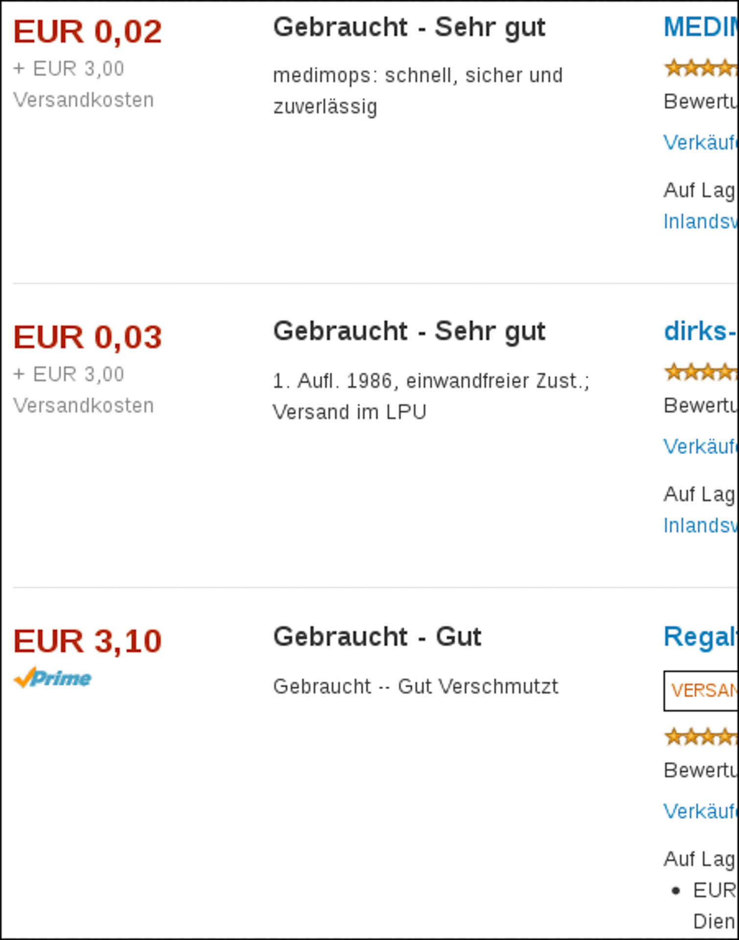Screenshot: Ausschnitt eines Amazon-Listings für gebrauchte Exemplare von Michael Rutschkys Buch ›Auf Reisen‹. (Foto: )