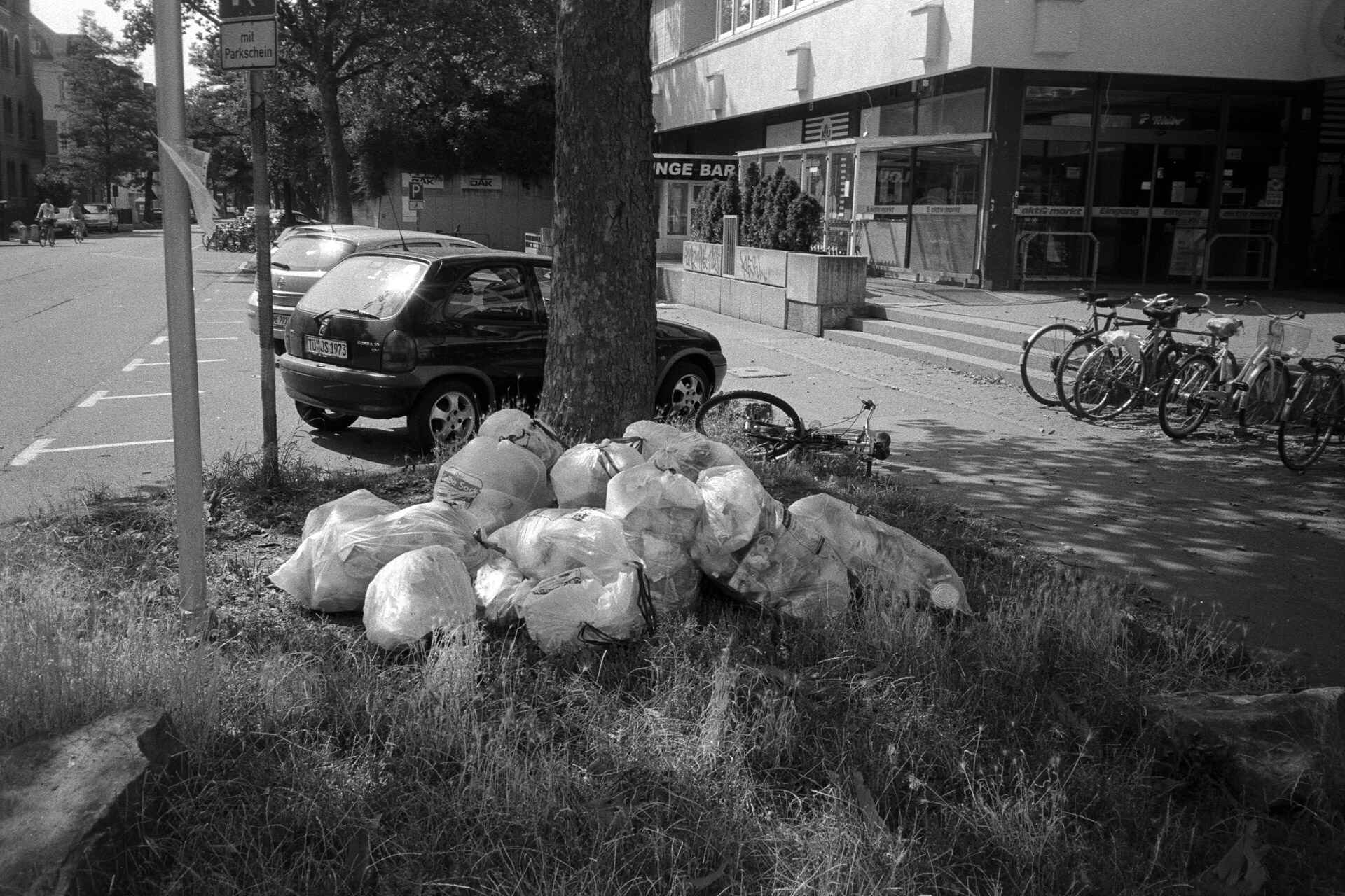 gelbe Säcke (Yashica T5, Kentmere 400, Kodak Xtol; Scan mit Nikon Super-Coolscan 4000 ED) (Foto: Martin Frech, 8/2013) Schwarzweißbild: gelbe Säcke auf einer Baumscheibe (Foto: Martin Frech, 8/2013)