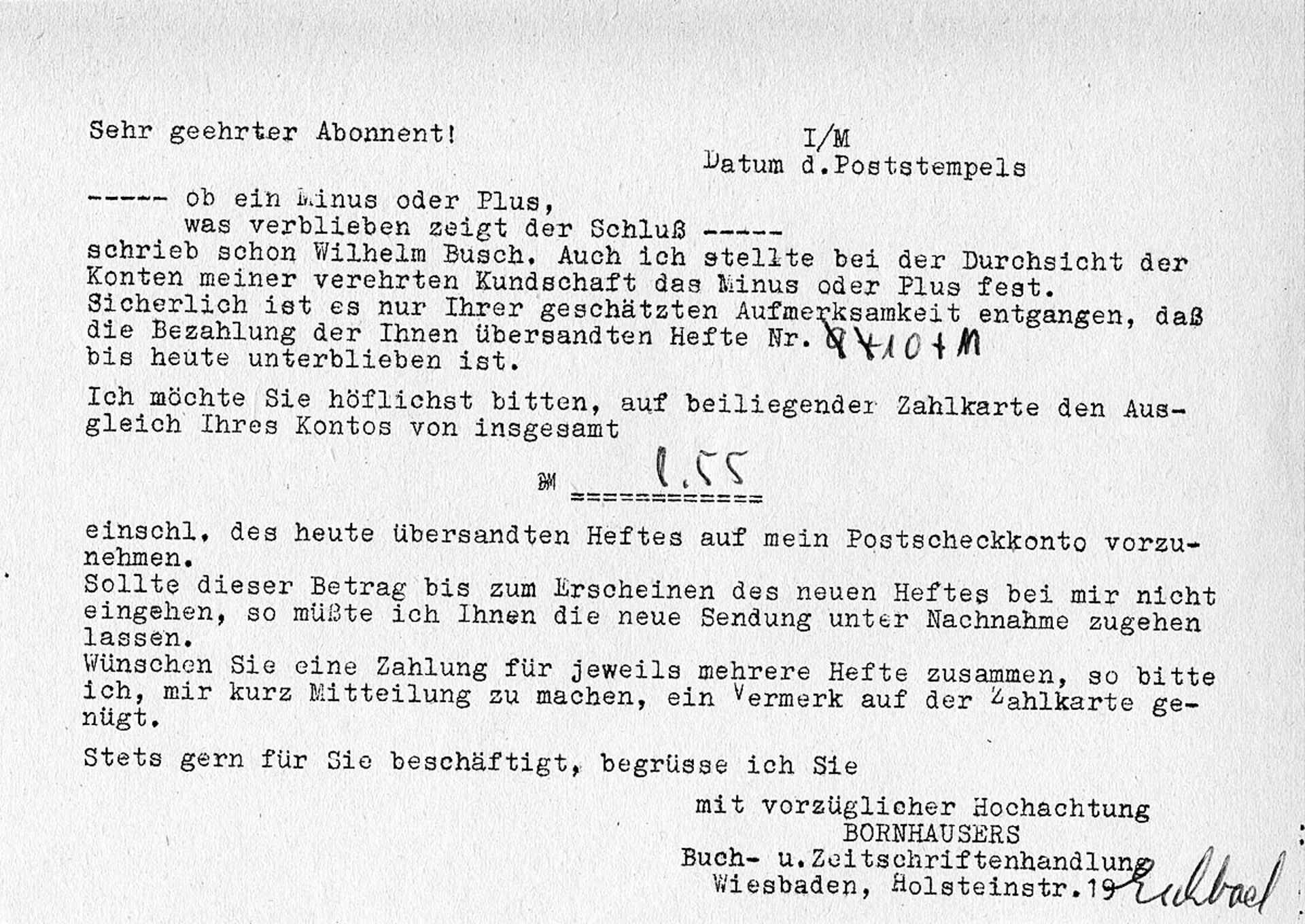 Scan einer Schwarzweißkopie: Erinnerung an einen Abonnenten, seine Schulden zu bezahlen. (Foto: , 1954)