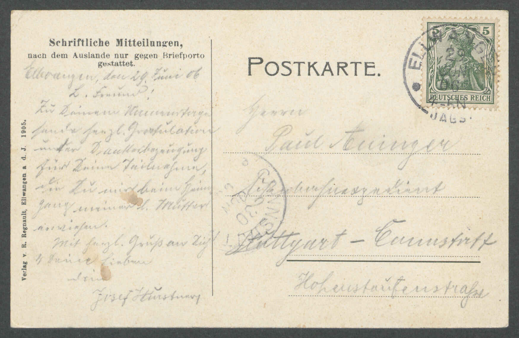 Ansichtskarte von 1905, gelaufen am 29. Juni 1906. Die andere Seite zeigt die Schrezheimer Mühle bei Ellwangen. Reproduktion: Ansichtskarte von 1905, gelaufen am 29. Juni 1906. Die andere Seite zeigt die Schrezheimer Mühle bei Ellwangen. (Foto: , 1905)