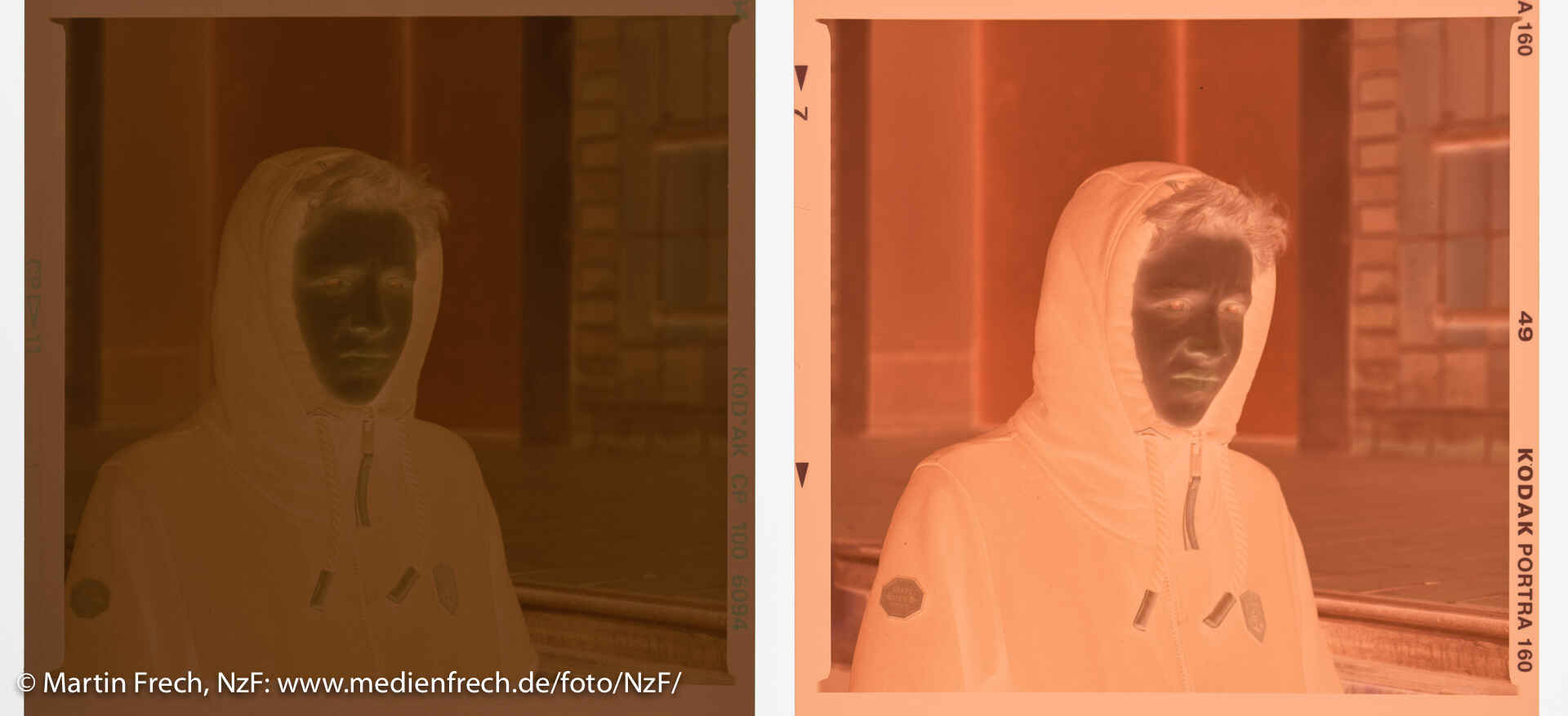 © Martin Frech: Die Negative der Filme Kodak Kodacolor VR (li.) und Kodak Portra 160 (re.) auf der Leuchtplatte. © Martin Frech: Die Negative der Filme Kodak Kodacolor VR (li.) und Kodak Portra 160 (re.) auf der Leuchtplatte.