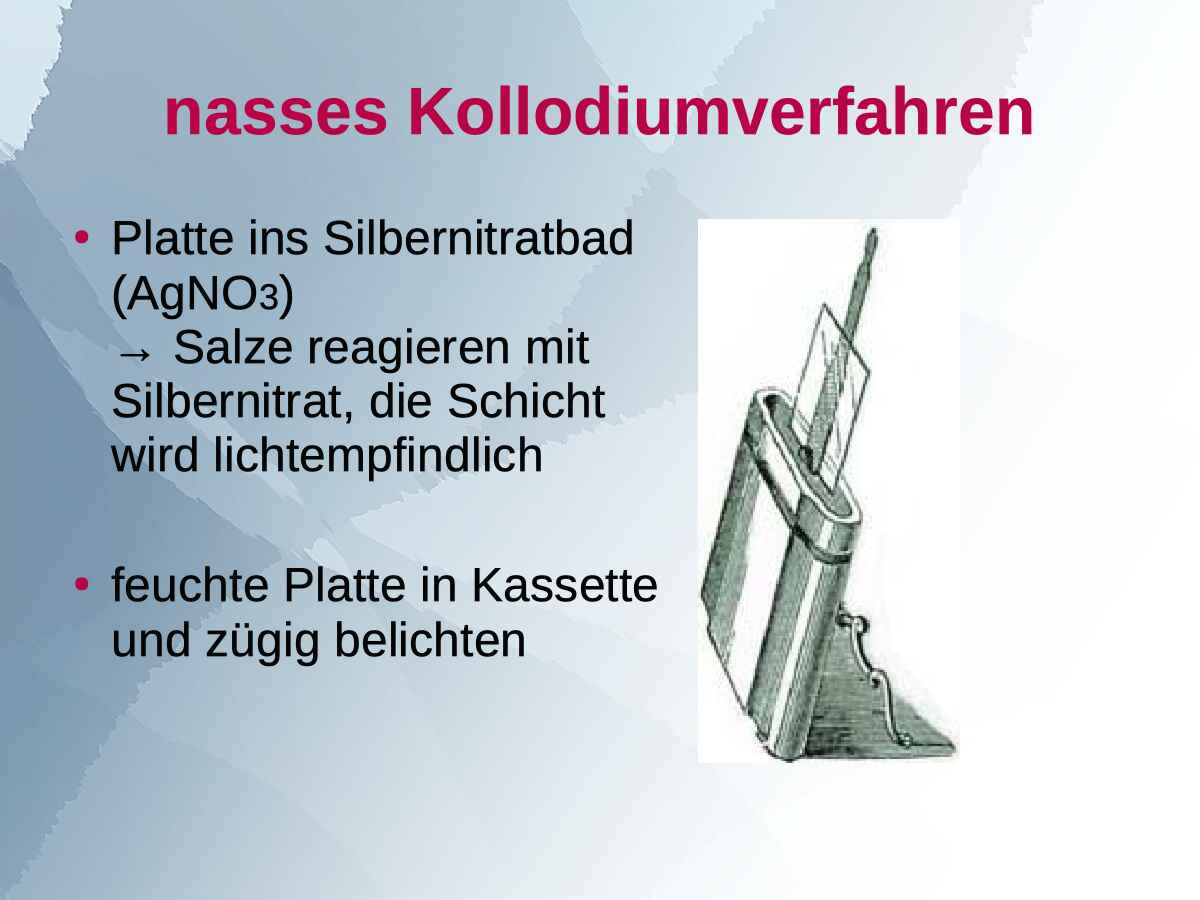 Vortragsfolie 9 zum Vortrag von Martin Frech: ›Nasses Kollodiumverfahren‹ (Foto: Martin Frech, 3/2014)
