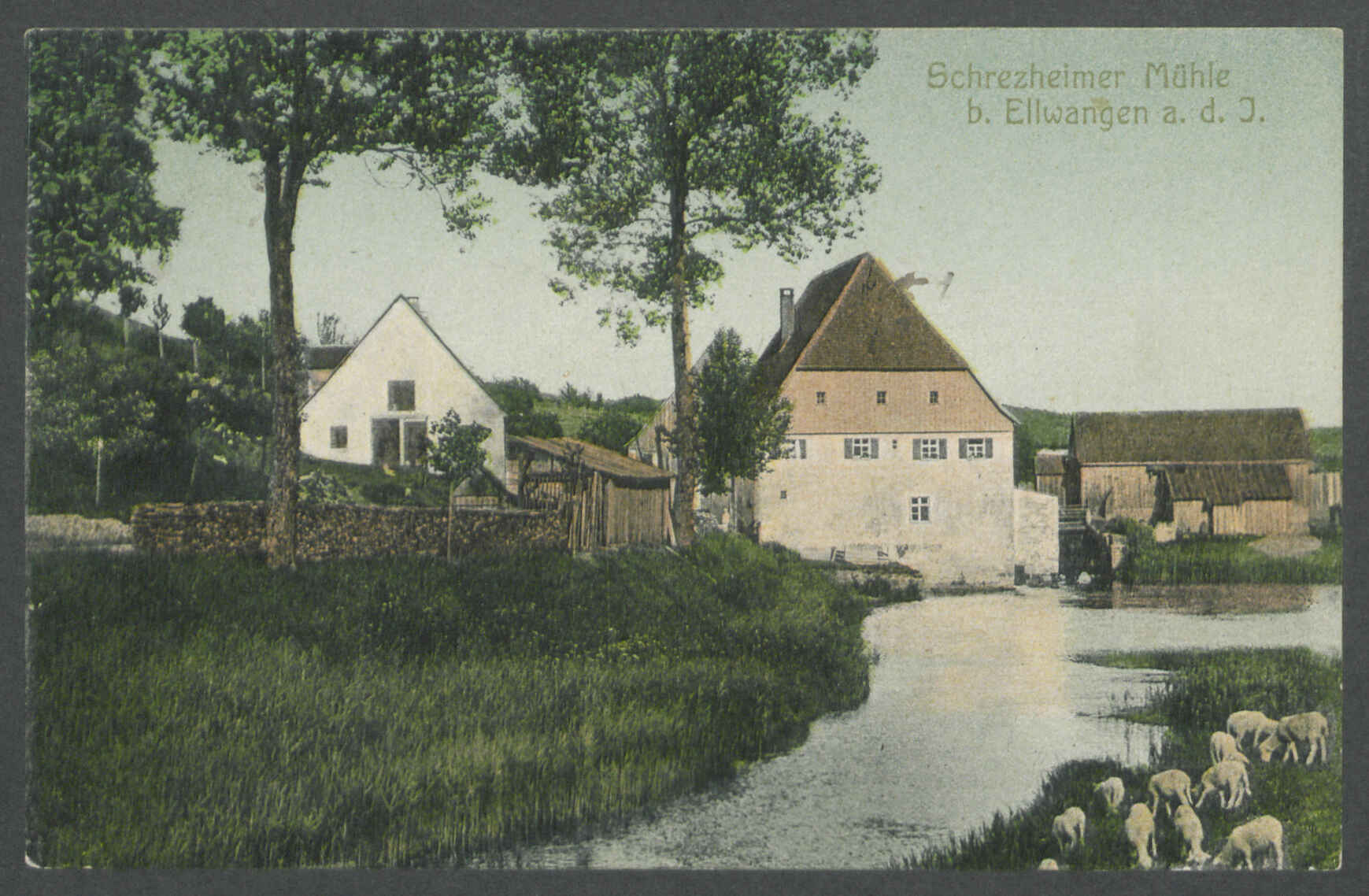 Reproduktion: Ansichtskarte von 1905, gelaufen am 29. Juni 1906. Die Karte zeigt die Schrezheimer Mühle bei Ellwangen. (Foto: , 1905)