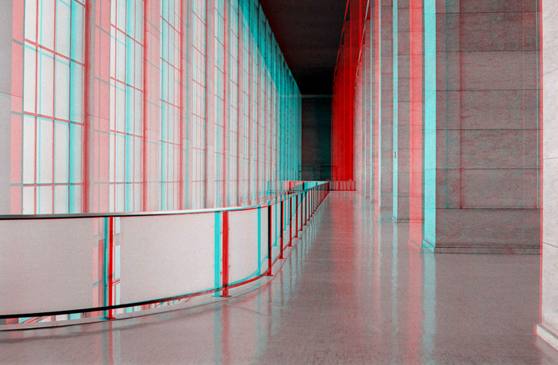 Im Flughafen Tempelhof, Berlin (geschlossen seit 30.10.2008); Raumbild (rot/cyan) | Fotos am 23.09.2007 auf original Agfa APX 100 (Foto: Martin Frech, 9/2007) Anaglypen-Raumbild (rot/cyan): Halle im Flughafen Tempelhof (Berlin) (Foto: Martin Frech, 9/2007)