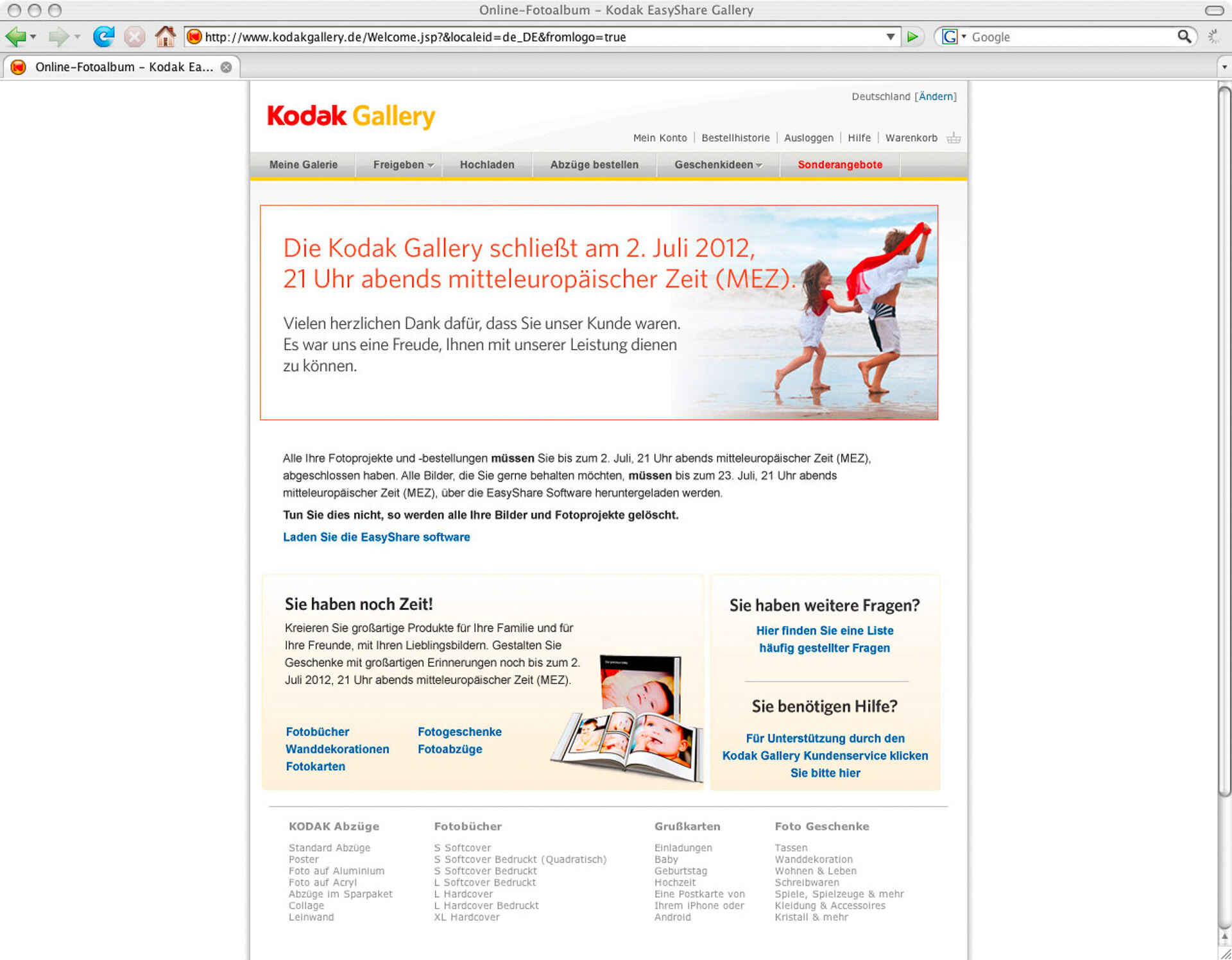 Screenshot der Startseite der Kodak Gallery mit dem Hinweis, dass diese am 2. Juli 2012 schließt.