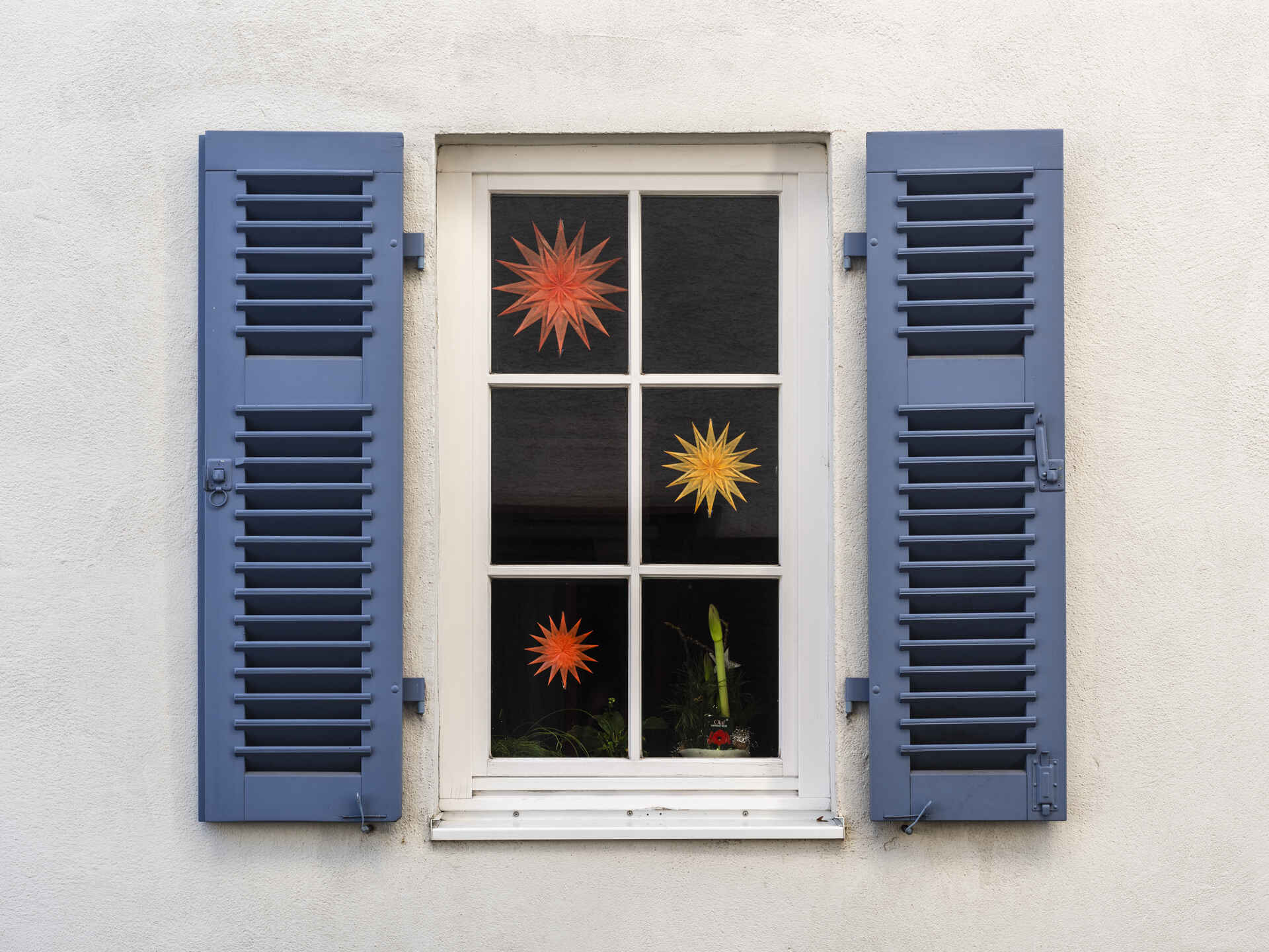 Farbbild (born-digital): Von außen gesehenes Sprossenfenster, geschmückt mit drei unterschiedlich großen farbigen Papiersternen sowie einer Amaryllis-Pflanze als Weihnachtsdekoration; die Fensterläden sind geöffnet. (Foto: Martin Frech, 12/2016)