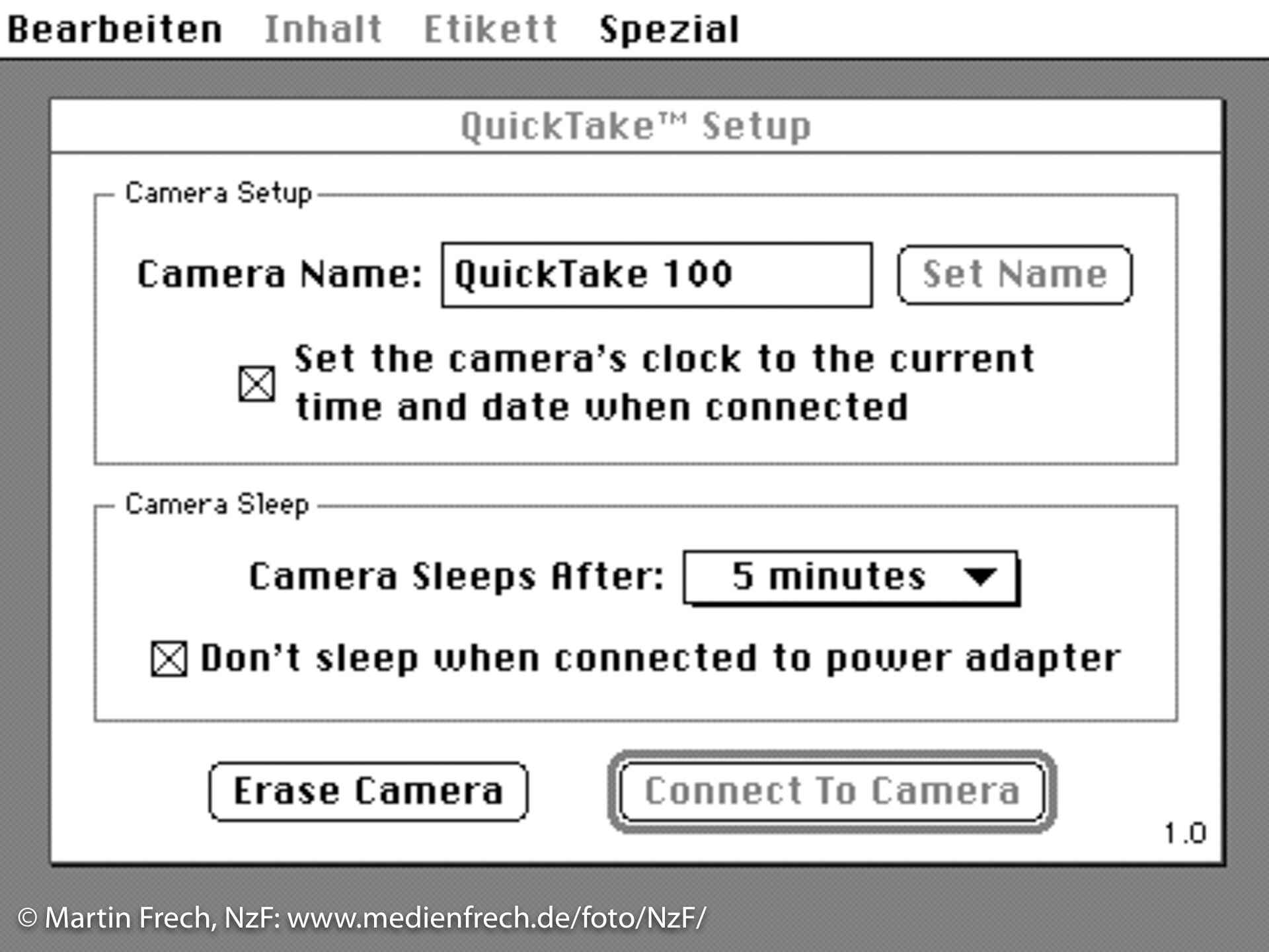 Das QuickTakeKontrollfeld (MacOS 7.6.1) (Foto: Martin Frech, 6/2009) Screenshot der QuickTake-Software (MacOS 7.6.1) (Foto: Martin Frech, 6/2009)