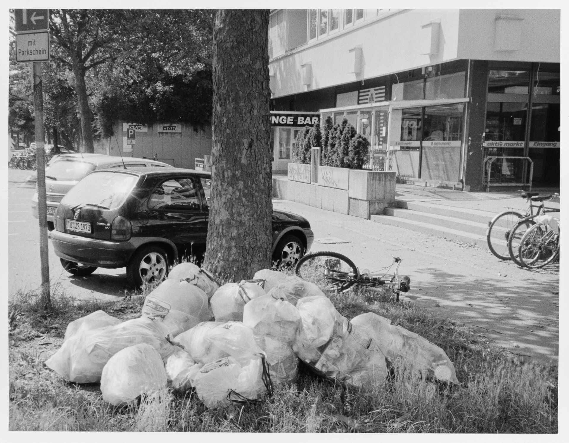 gelbe Säcke (Yashica T5, Kentmere 400, Kodak Xtol; Print auf Adox MCC 110 in Moersch ECO 4812) (Foto: Martin Frech, 8/2013) Schwarzweißbild: gelbe Säcke auf einer Baumscheibe (Foto: Martin Frech, 8/2013)